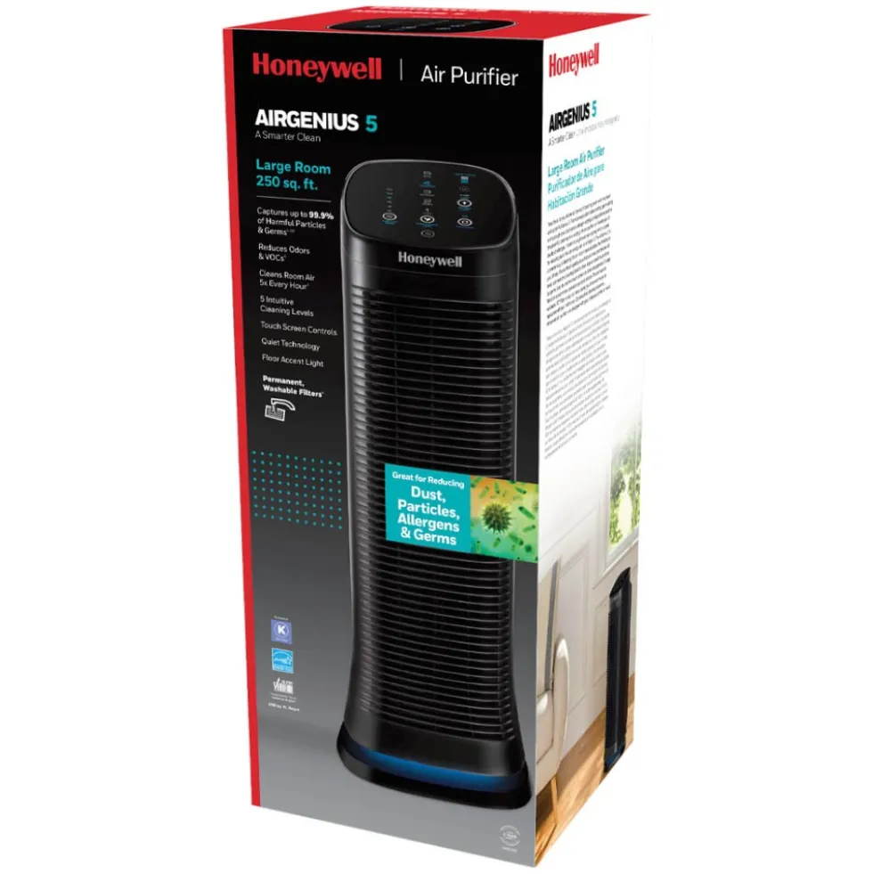Honeywell Air Genius 5 Oscillating Tower Air Purifier and Odor Reducer - Black, HFD320
