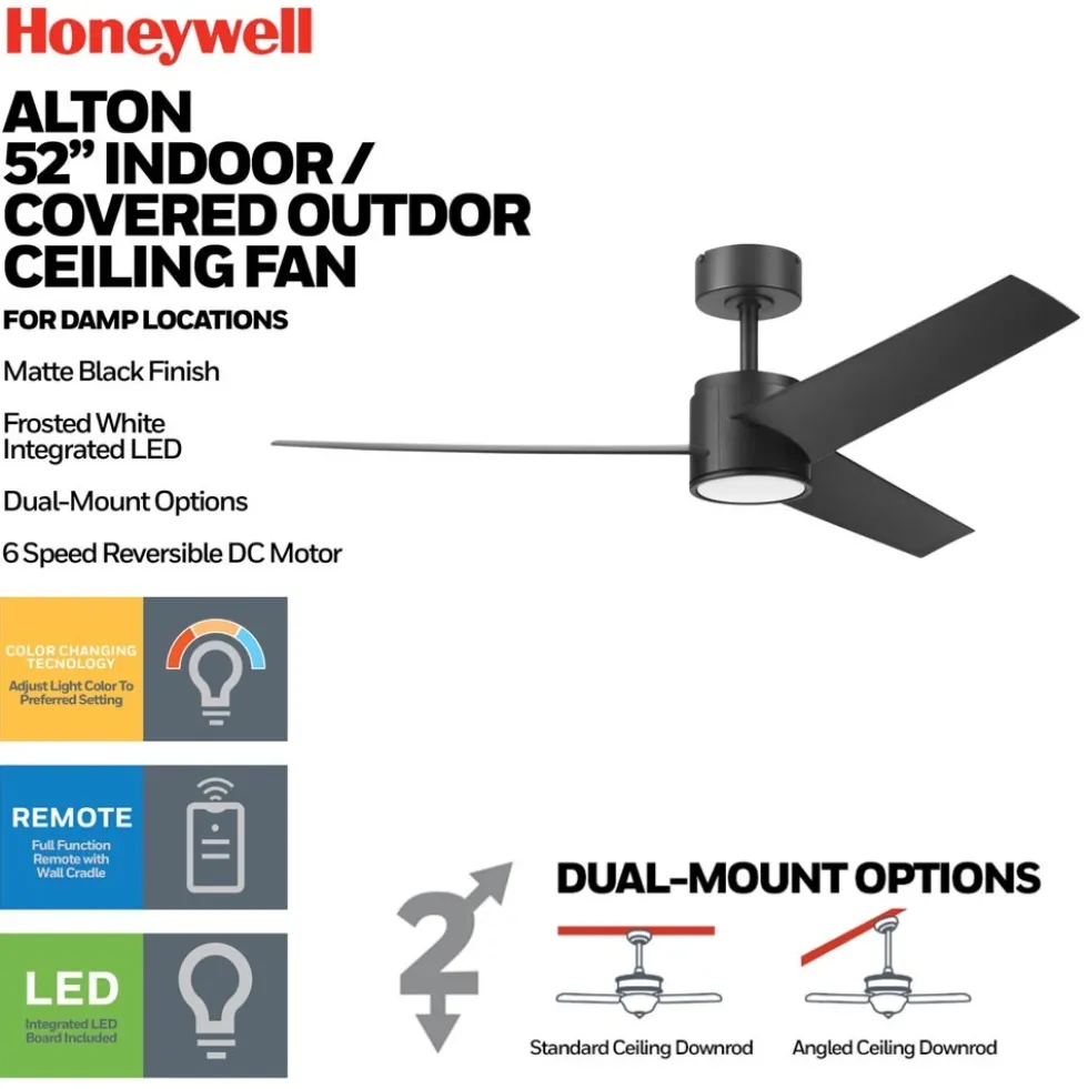 Honeywell Altan Indoor or Covered Outdoor Ceiling Fan with Adjustable LED Light, 52-Inch, Matte Black - 53061-03