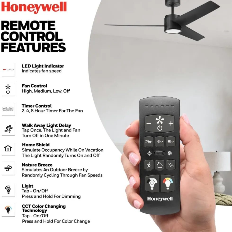 Honeywell Altan Indoor or Covered Outdoor Ceiling Fan with Adjustable LED Light, 52-Inch, Matte Black - 53061-03