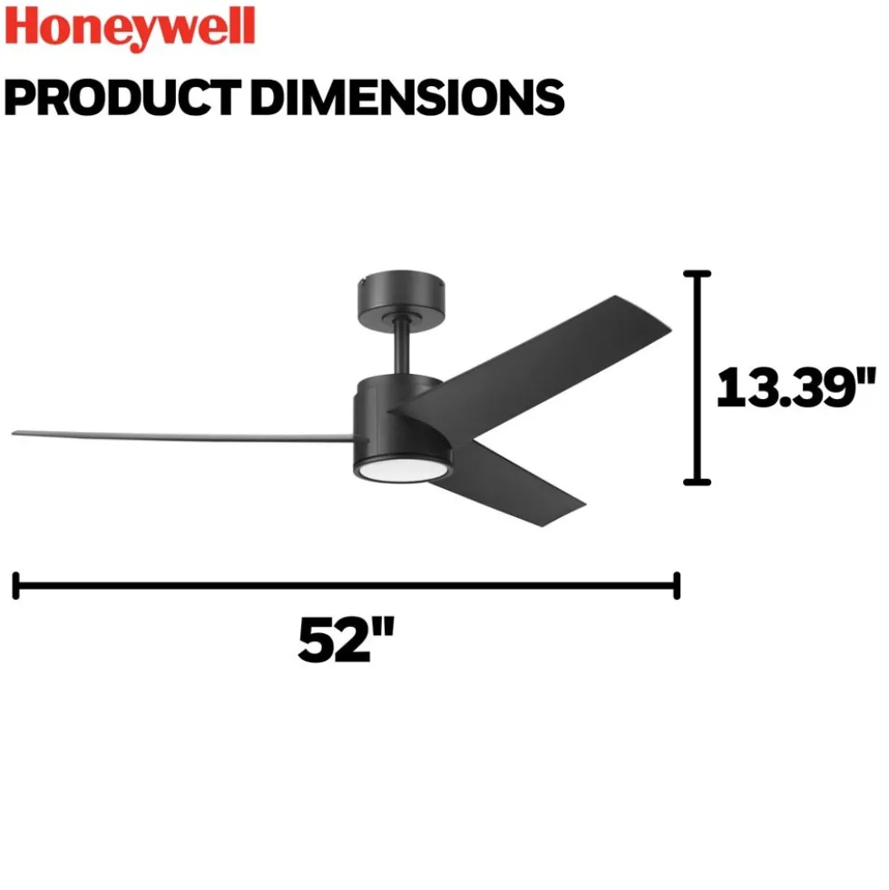 Honeywell Altan Indoor or Covered Outdoor Ceiling Fan with Adjustable LED Light, 52-Inch, Matte Black - 53061-03