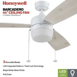 Honeywell Barcadero 3-Blade Ceiling Fan with Light, Bright White, 44-Inch - 51475