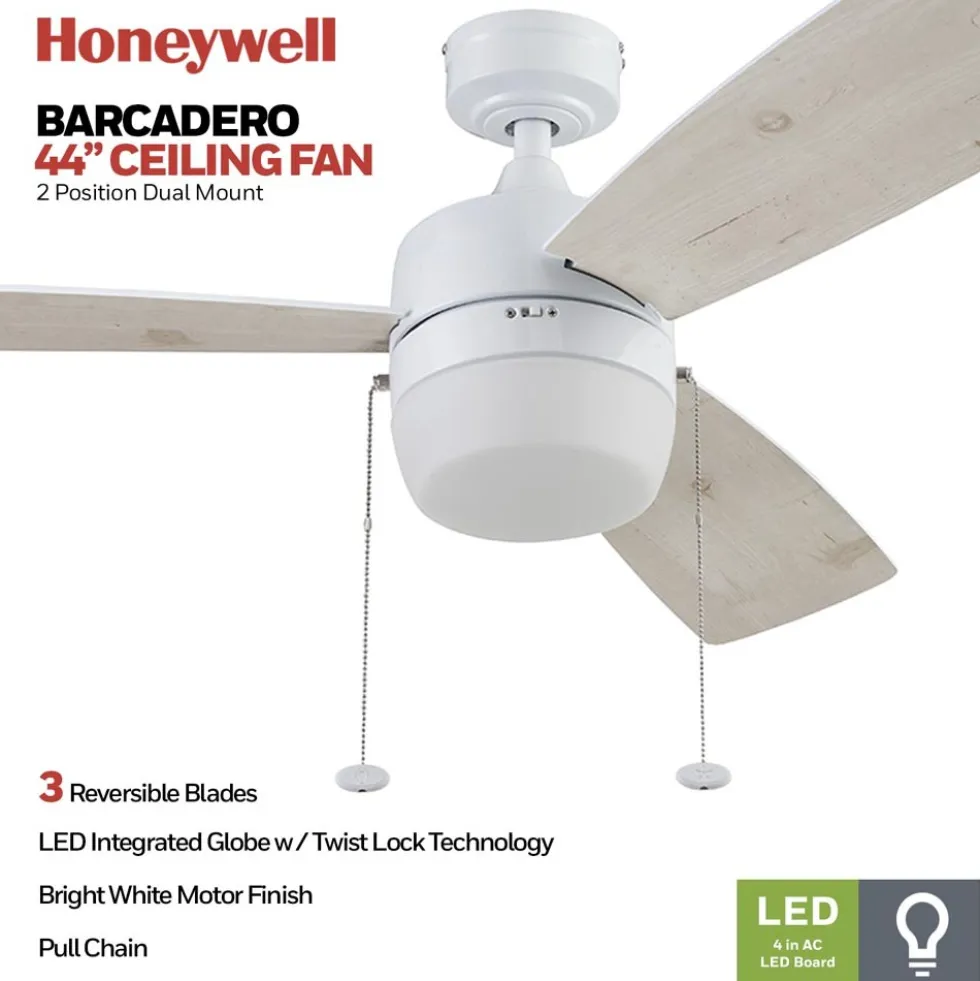 Honeywell Barcadero 3-Blade Ceiling Fan with Light, Bright White, 44-Inch - 51475