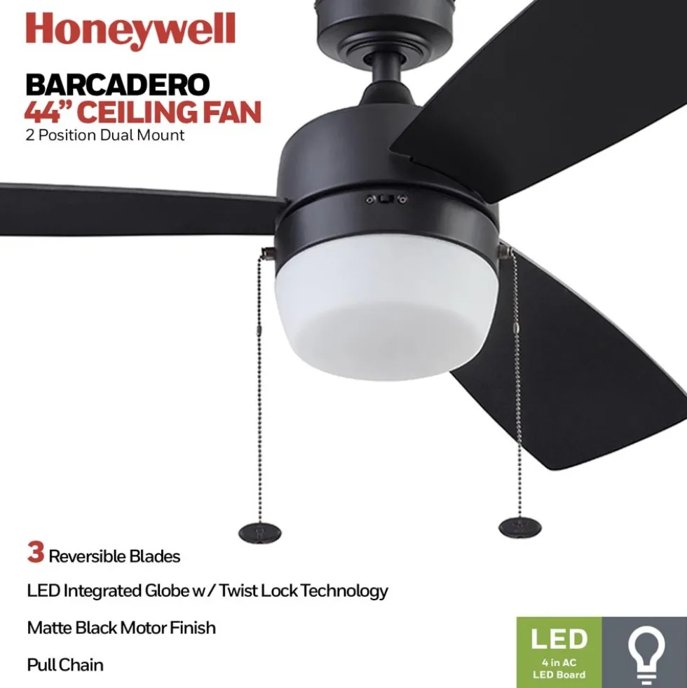 Honeywell Barcadero 3-Blade Ceiling Fan with Light, Matte Black, 44-Inch - 51476