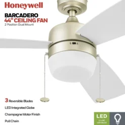 Honeywell Barcadero 3-Blade Ceiling Fan with Light, Champagne, 44-Inch - 51625