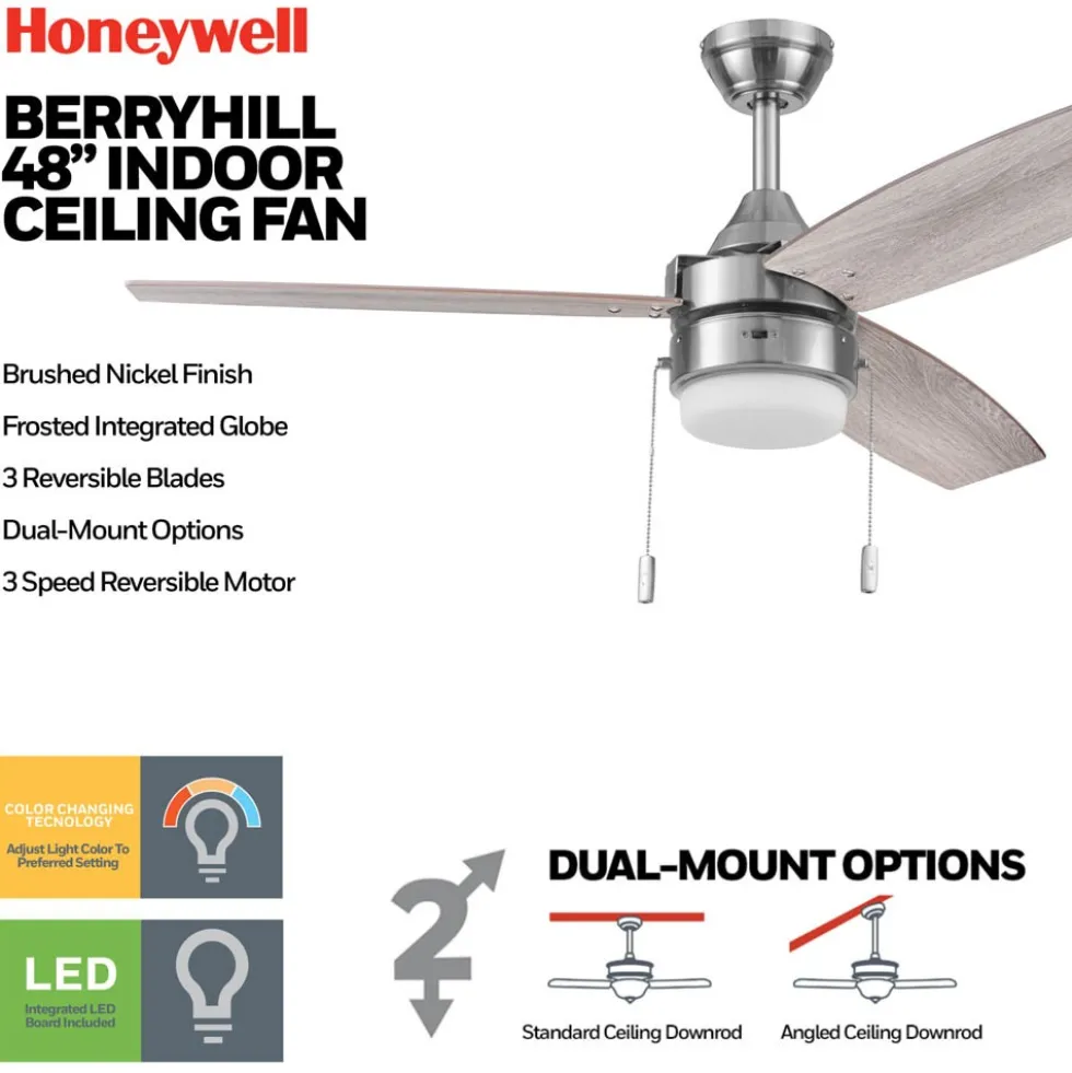 Honeywell Berryhill Indoor Ceiling Fan, Brushed Nickel, 48-Inch - 51857