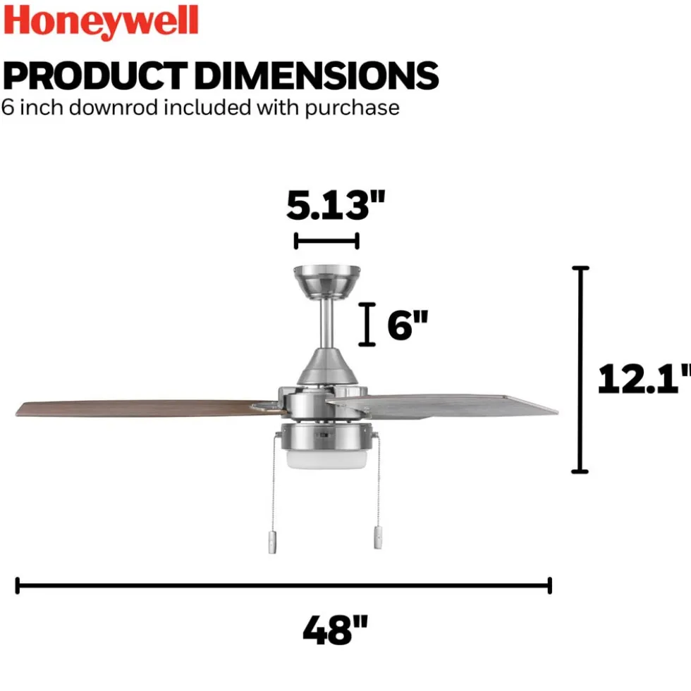 Honeywell Berryhill Indoor Ceiling Fan, Brushed Nickel, 48-Inch - 51857