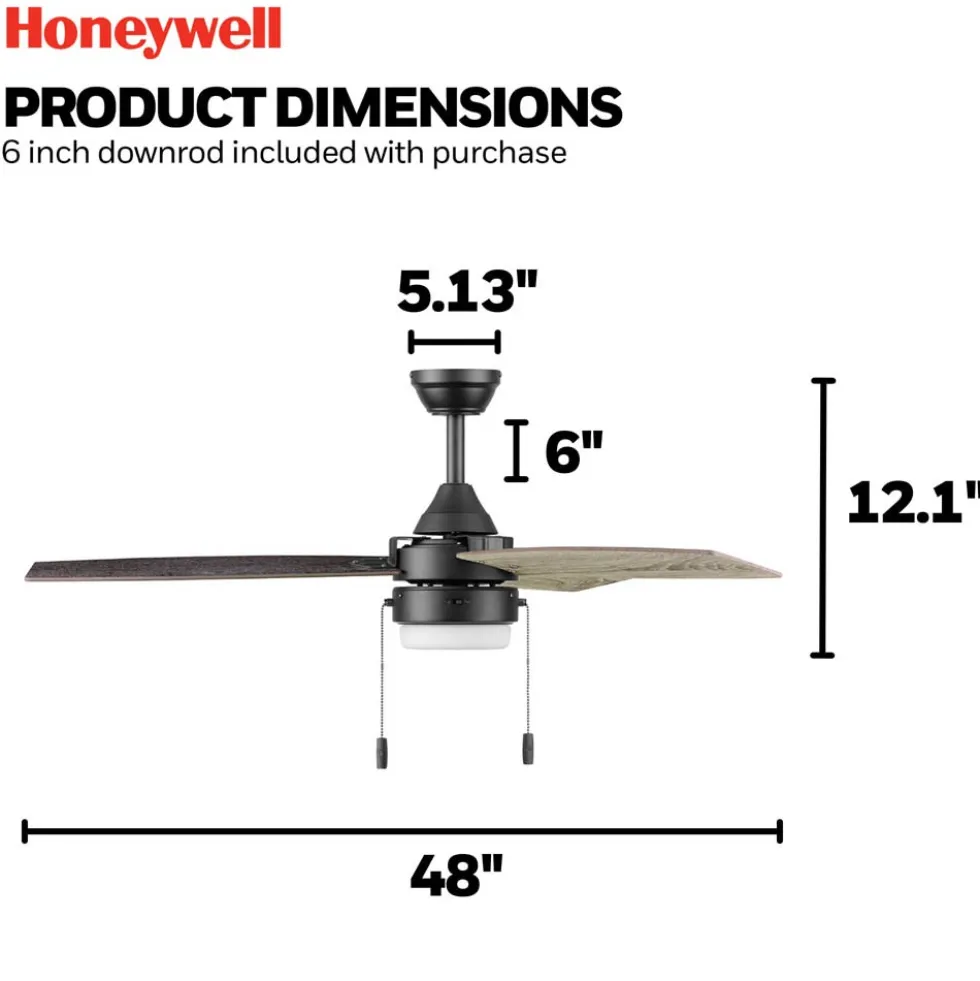 Honeywell Berryhill Indoor Ceiling Fan, Matte Black, 48-Inch - 51858