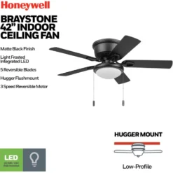 Honeywell Braystone 42 Inch Indoor Matte Black Ceiling Fan with Light & Pull Chain - 53043