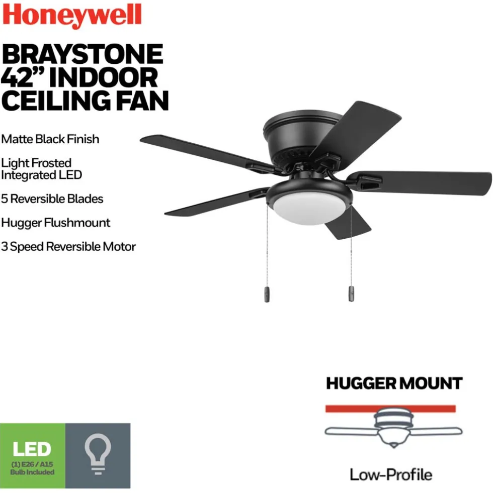 Honeywell Braystone 42 Inch Indoor Matte Black Ceiling Fan with Light & Pull Chain - 53043