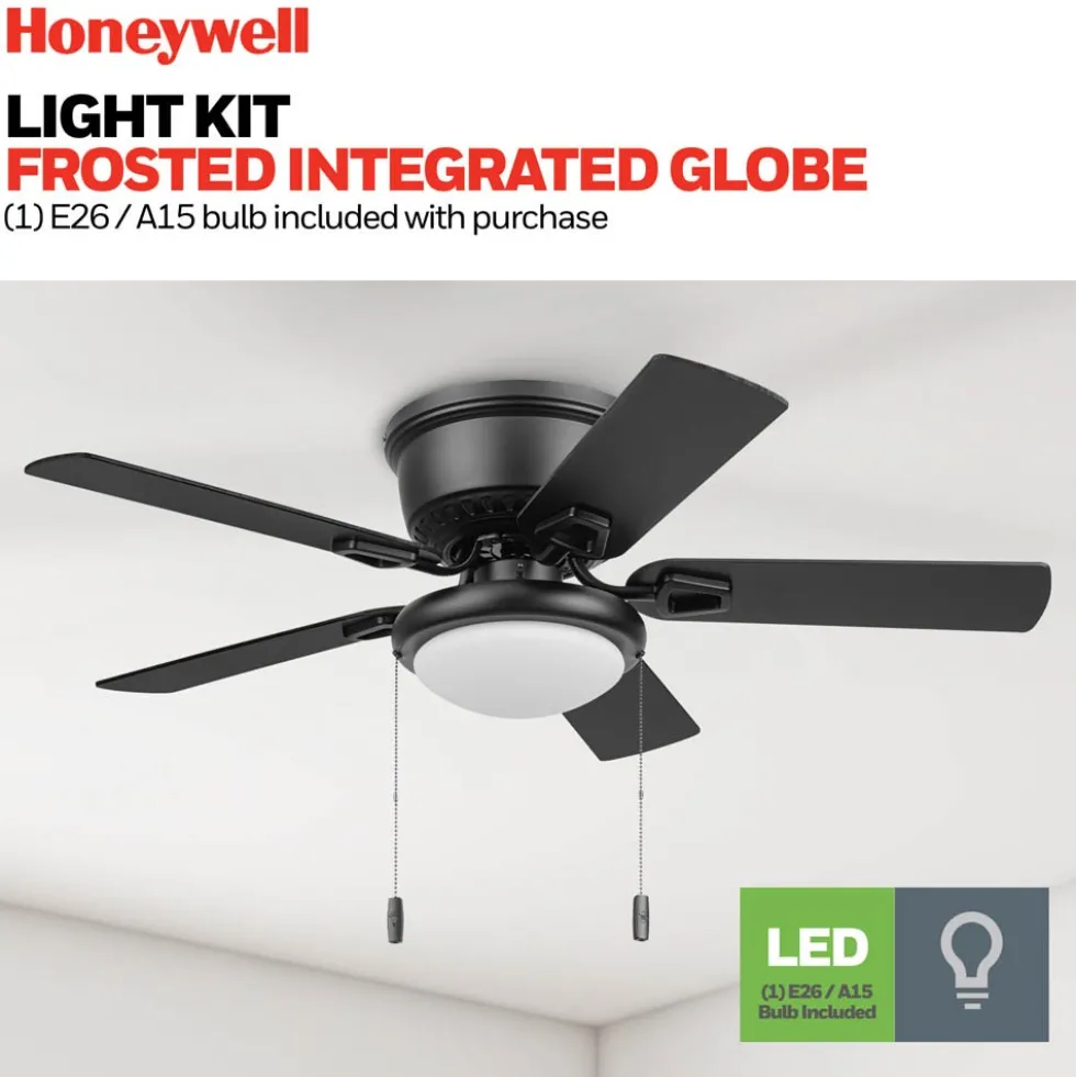 Honeywell Braystone 42 Inch Indoor Matte Black Ceiling Fan with Light & Pull Chain - 53043