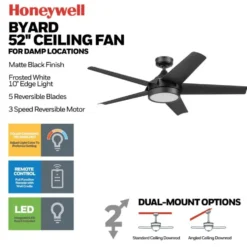 Honeywell Byard 52 inch Outdoor Ceiling Fan with Color Changing Light, Remote and Five Dual Finish Blades - 53004