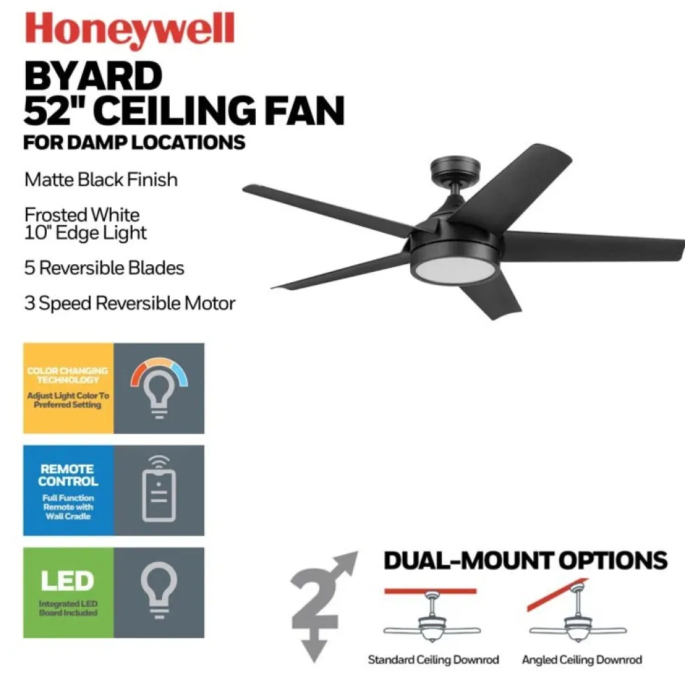 Honeywell Byard 52 inch Outdoor Ceiling Fan with Color Changing Light, Remote and Five Dual Finish Blades - 53004