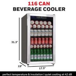 Honeywell 116 Can Cooler and Beverage Refrigerator with Glass Door, Stainless Steel - H115BCS