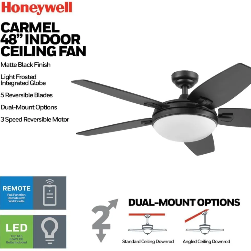 Honeywell Carmel 48 inch Matte Black Indoor Ceiling Fan with Light and Remote - 51912