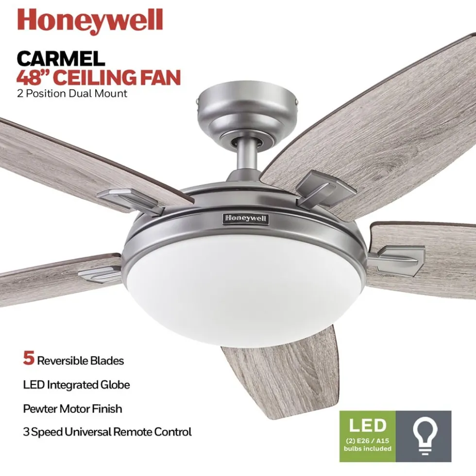 Honeywell Carmel Indoor LED Ceiling Fan with Reversible Blades, Pewter, 48-Inch - 51627