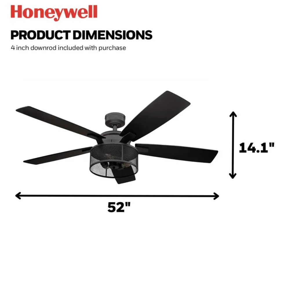 Honeywell Carnegie Ceiling Fan with Light, 52 Inch, Matte Black - 51928