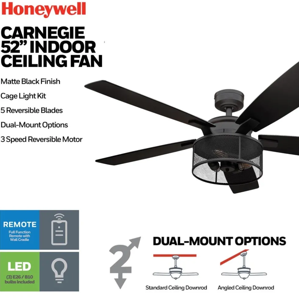Honeywell Carnegie Ceiling Fan with Light, 52 Inch, Matte Black - 51928