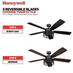 Honeywell Carnegie Ceiling Fan with Light, 52 Inch, Matte Black - 51928