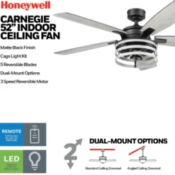 Honeywell Carnegie Industrial Style Ceiling Fan with Lights, Matte Black, 52-Inch - 51855