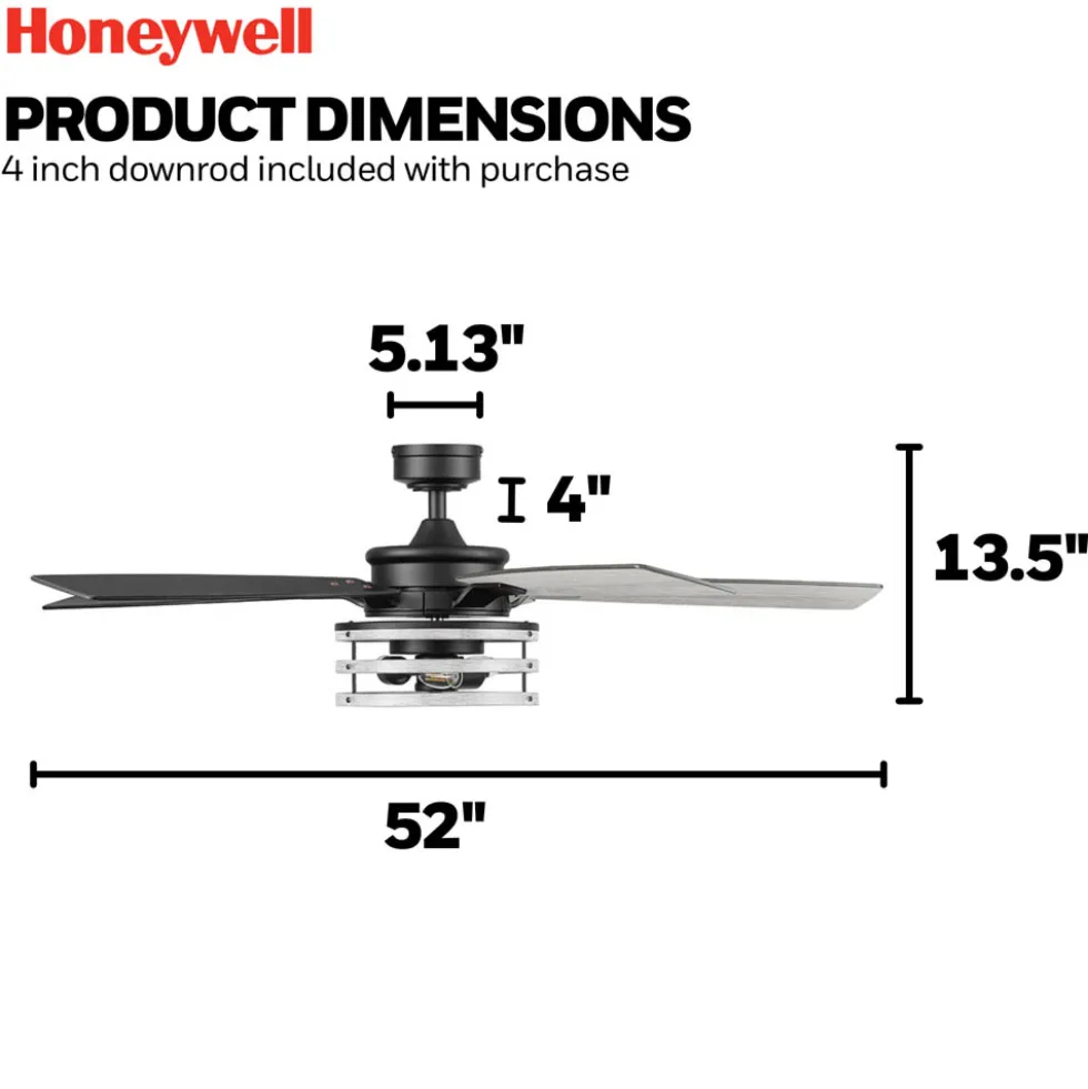 Honeywell Carnegie Industrial Style Ceiling Fan with Lights, Matte Black, 52-Inch - 51855