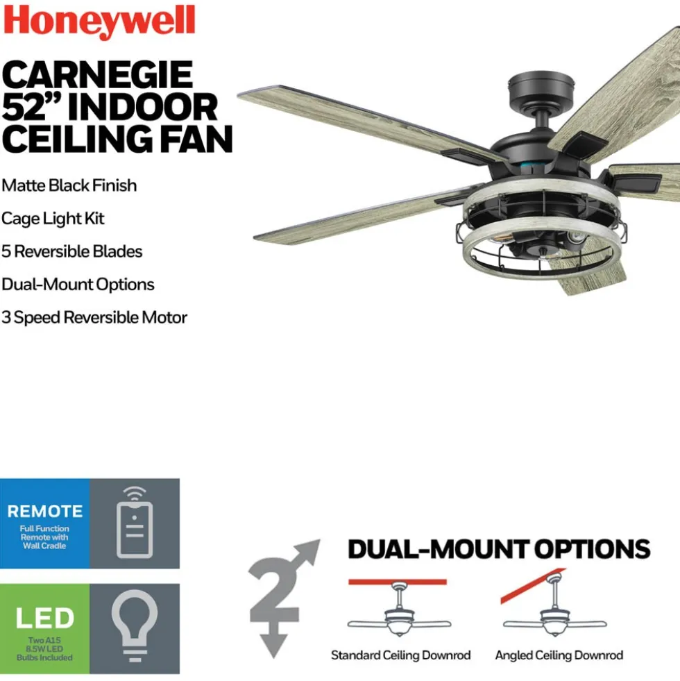 Honeywell Carnegie Industrial Style Ceiling Fan with Lights, Matte Black, 52-Inch - 51863