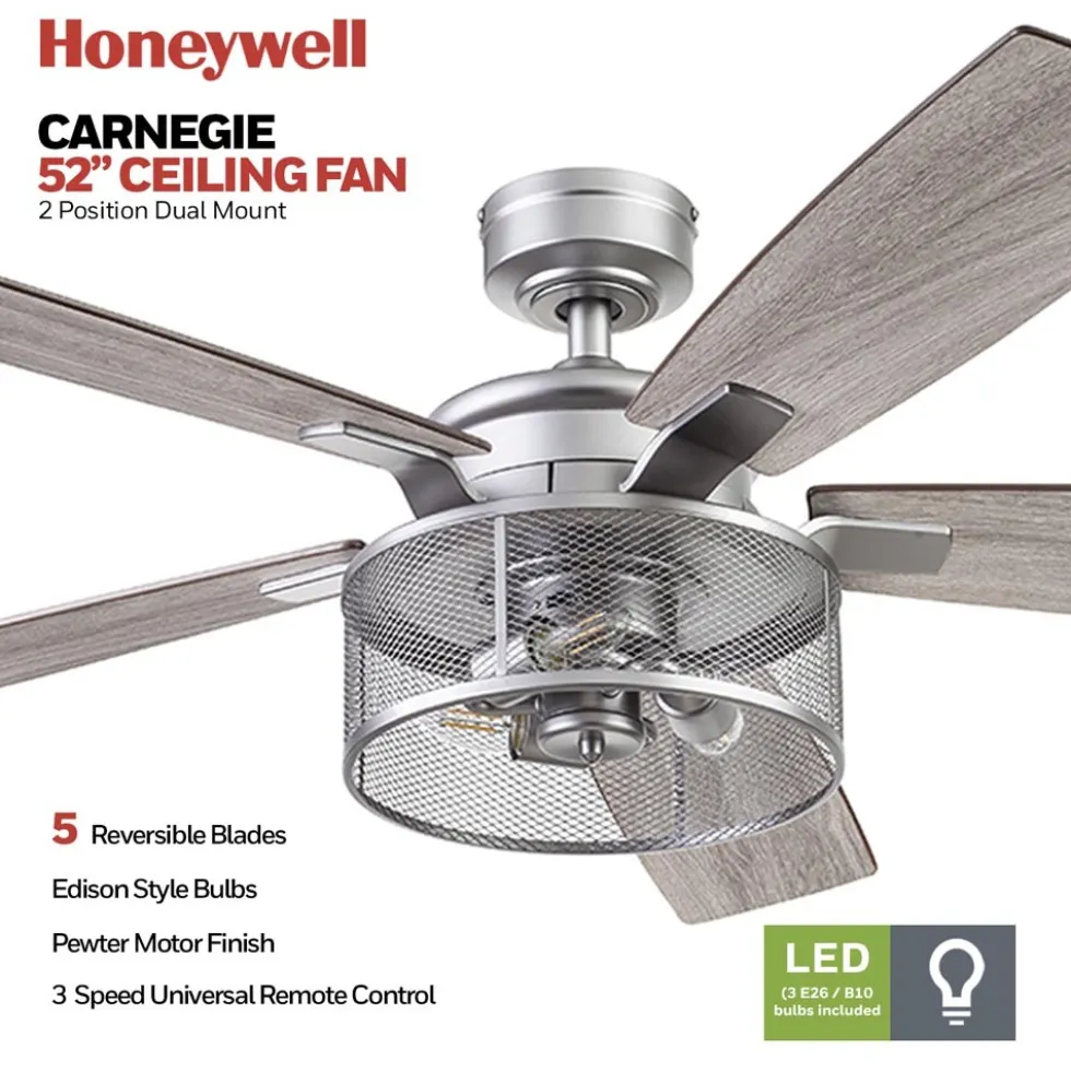 Honeywell Carnegie Rustic Chic Ceiling Fan, Pewter, 52-Inch - 51460