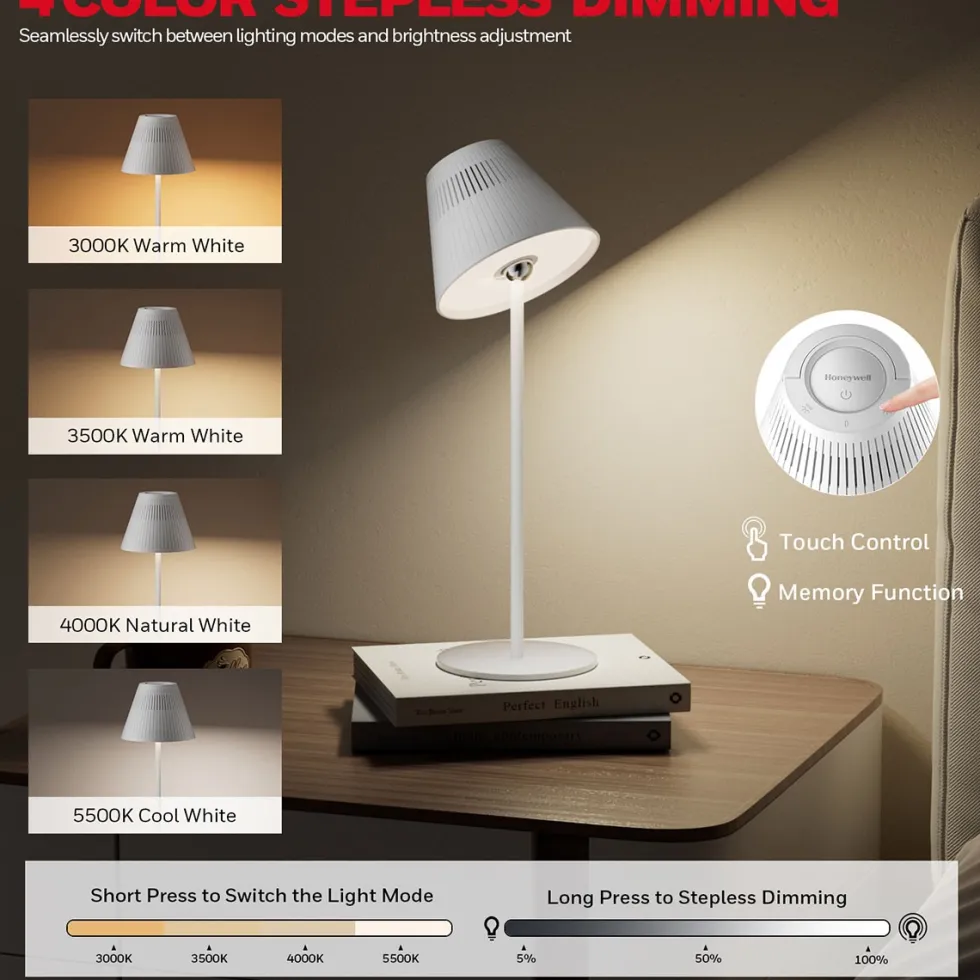 Honeywell Cordless LED Table Lamp with Rechargeable Battery, Color Changing and Touch Controls, White HWT-M1W