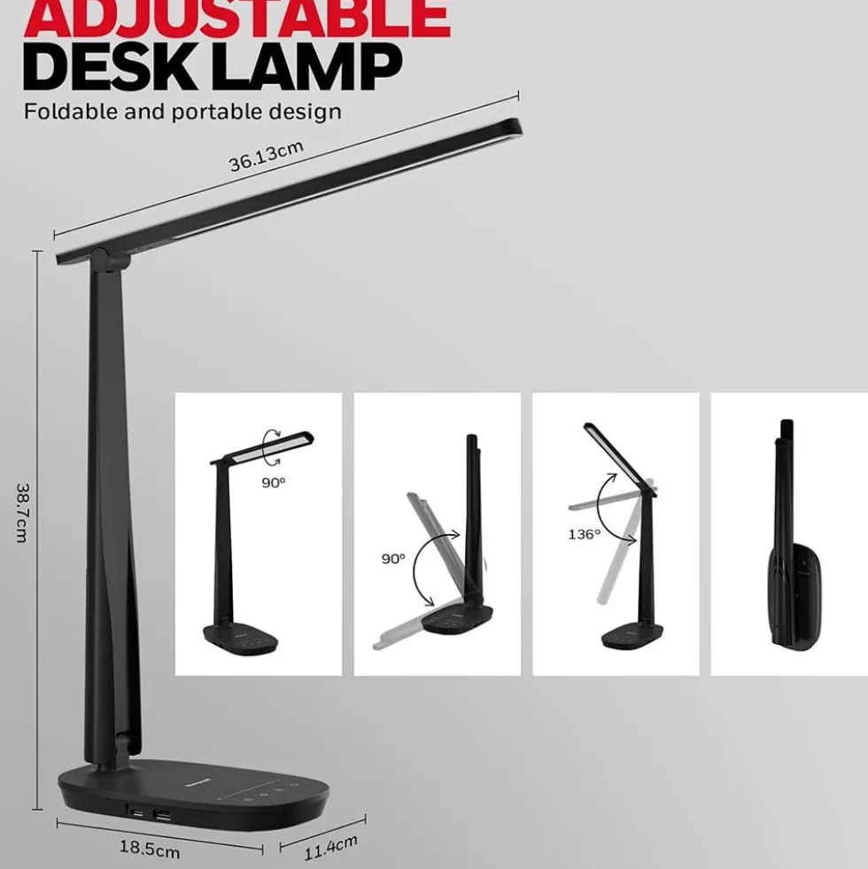 Honeywell Dimmable Small Desk Lamp with USB A+C Dual Charging Ports and Eye Protection, Black