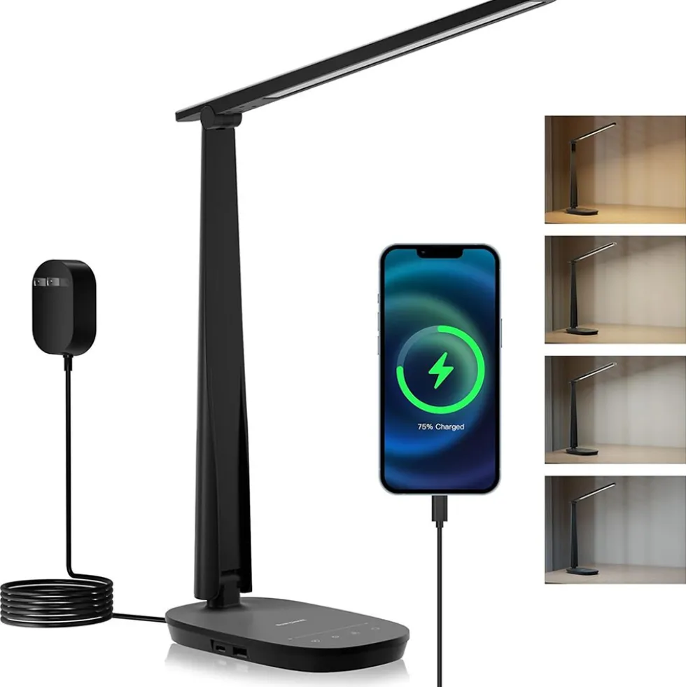 Honeywell Dimmable Small Desk Lamp with USB A+C Dual Charging Ports and Eye Protection, Black