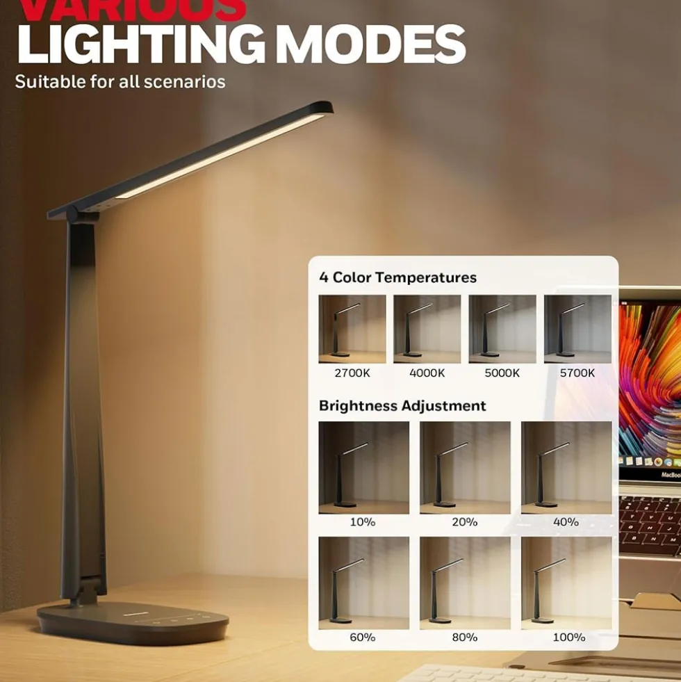 Honeywell Dimmable Small Desk Lamp with USB A+C Dual Charging Ports and Eye Protection, Black