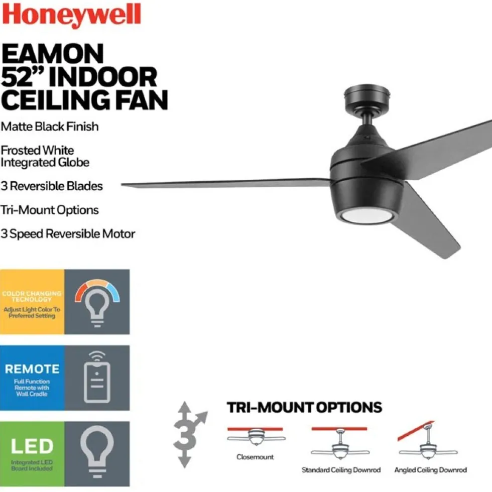 Honeywell Eamon 52 inch Color Changing Indoor Ceiling Fan with Light and Remote, Matte Black - 51906