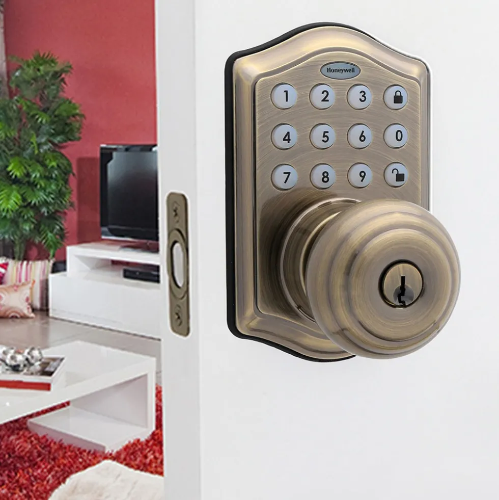 Honeywell Electronic Entry Knob Door Lock with Keypad in Antique Brass, 8732101