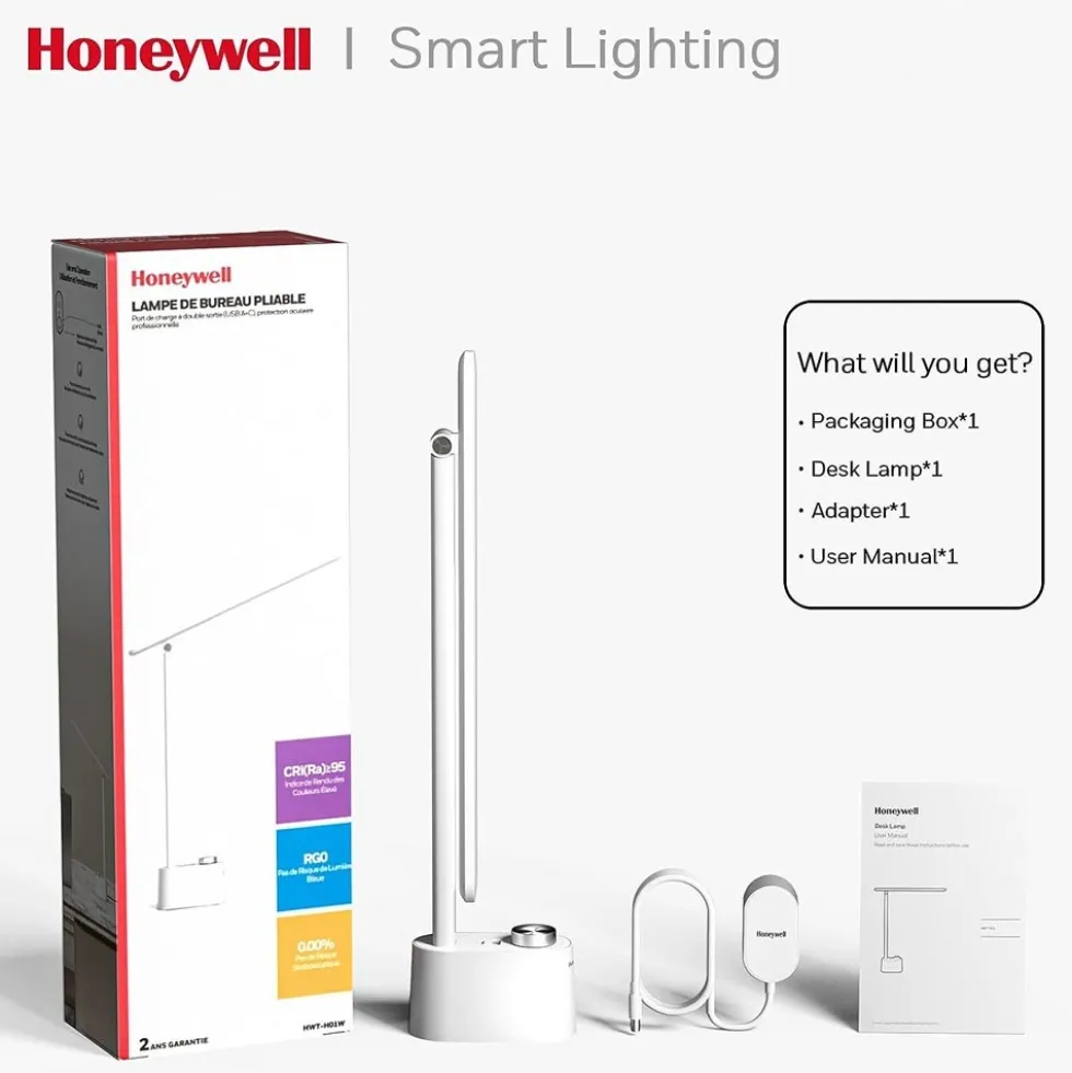 Honeywell Foldable Modern Desk Lamp with USB A+C Charging Port and Eye Protection, White - HWT-H01W