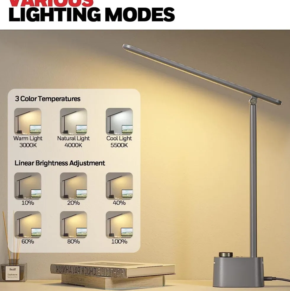 Honeywell Foldable Modern Office Table Lamp with USB A+C Charging Port and Eye Protection, Gray - HWT-H01G