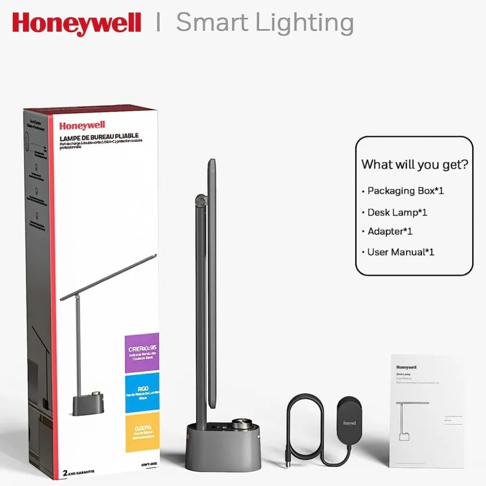 Honeywell Foldable Modern Office Table Lamp with USB A+C Charging Port and Eye Protection, Gray - HWT-H01G