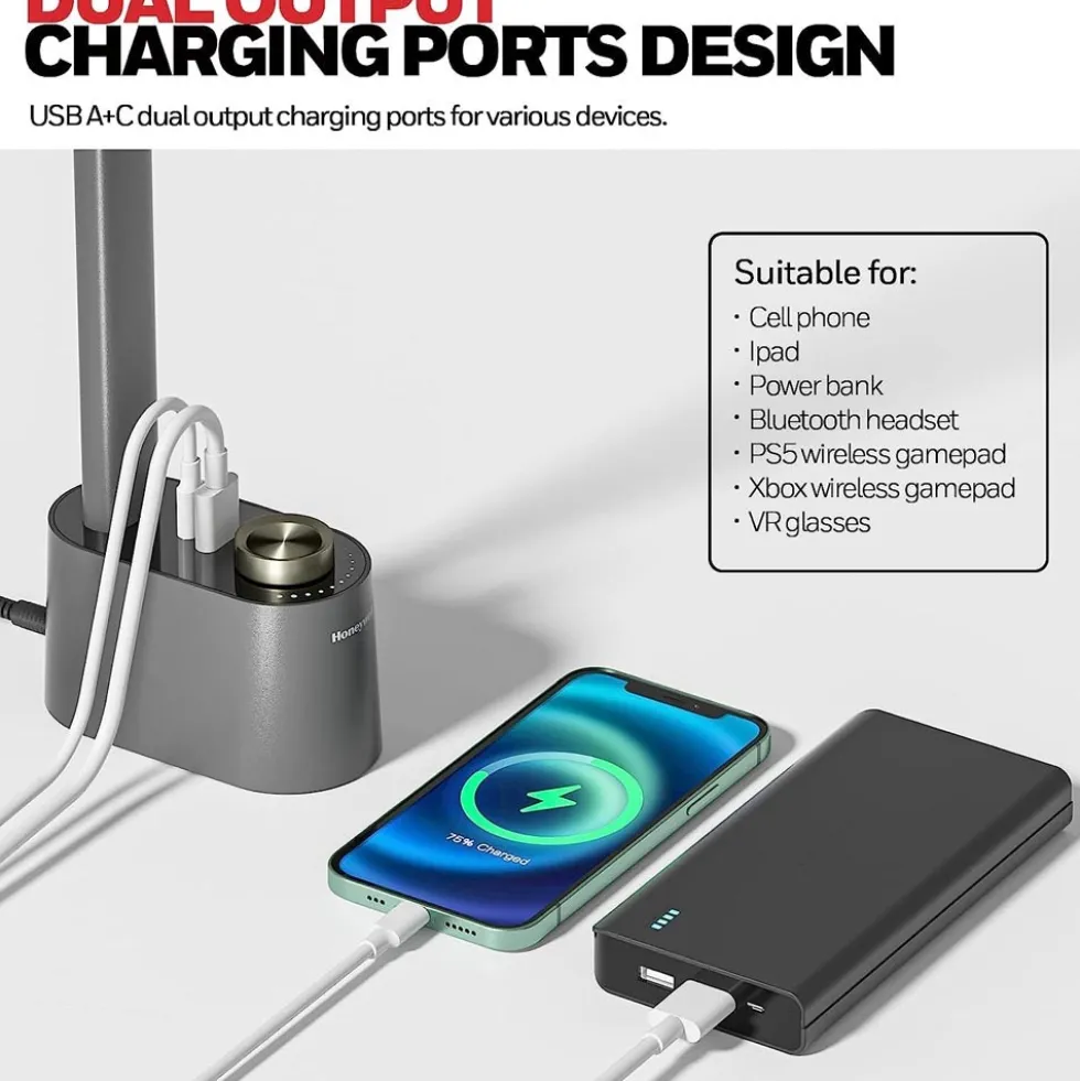 Honeywell Foldable Modern Office Table Lamp with USB A+C Charging Port and Eye Protection, Gray - HWT-H01G