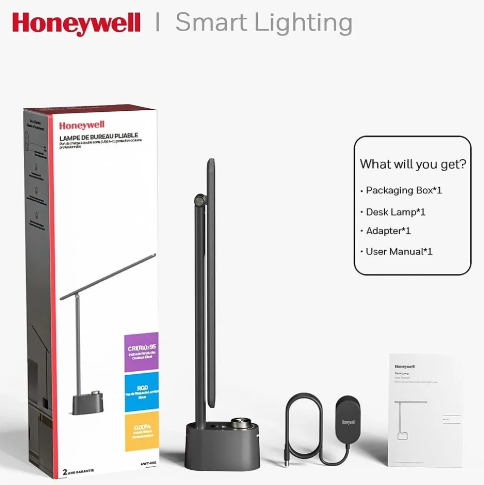 Honeywell Foldable Modern Table Lamp with USB A+C Charging Port and Eye Protection, Black - HWT-H01