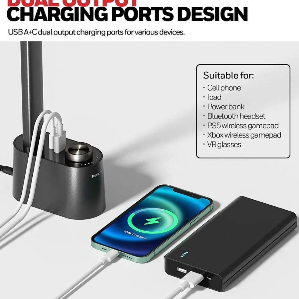 Honeywell Foldable Modern Table Lamp with USB A+C Charging Port and Eye Protection, Black - HWT-H01