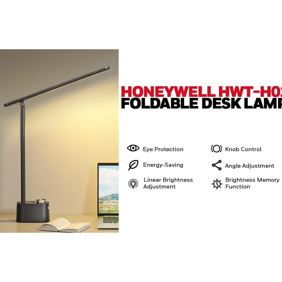 Honeywell Foldable Modern Table Lamp with USB A+C Charging Port and Eye Protection, Black - HWT-H01