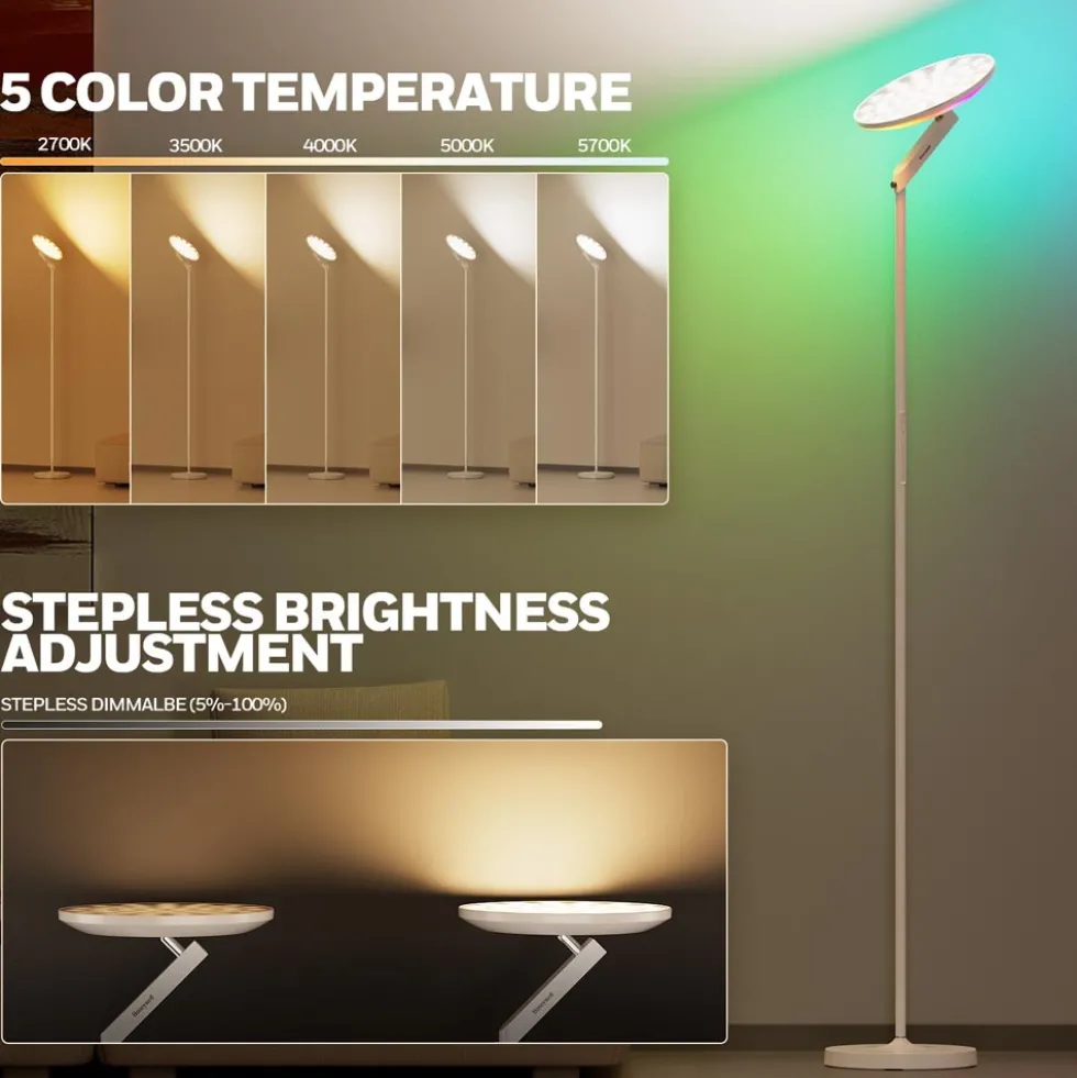 Honeywell F2 Torchiere Tall Standing Ambient Floor Lamp with 6 RGB Color Modes