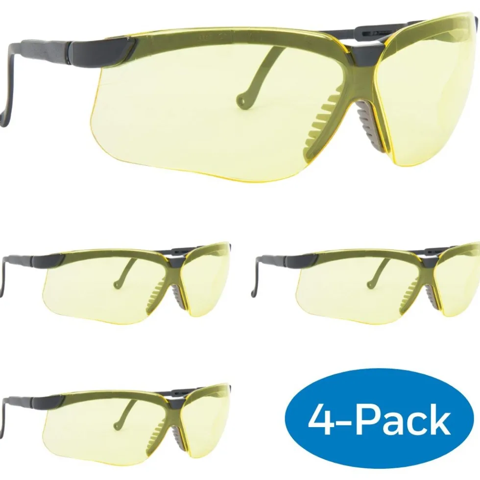 Honeywell Genesis Anti-Fog Tinted Safety Glasses, Adjustable Black Frame and Amber Tint Lens - 4 Pack