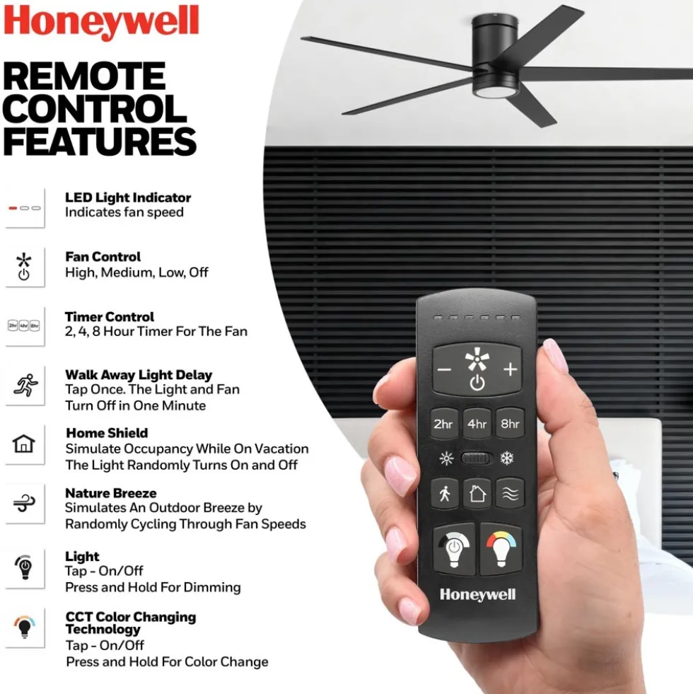 Honeywell Graceshire Ceiling Fan with Light, 60 Inch, Matte Black - 53052