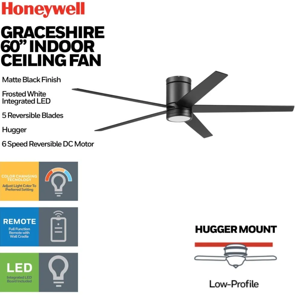 Honeywell Graceshire Ceiling Fan with Light, 60 Inch, Matte Black - 53052