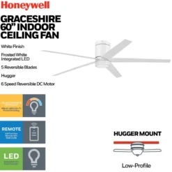 Honeywell Graceshire Ceiling Fan with Light, 60 Inch, White - 53054