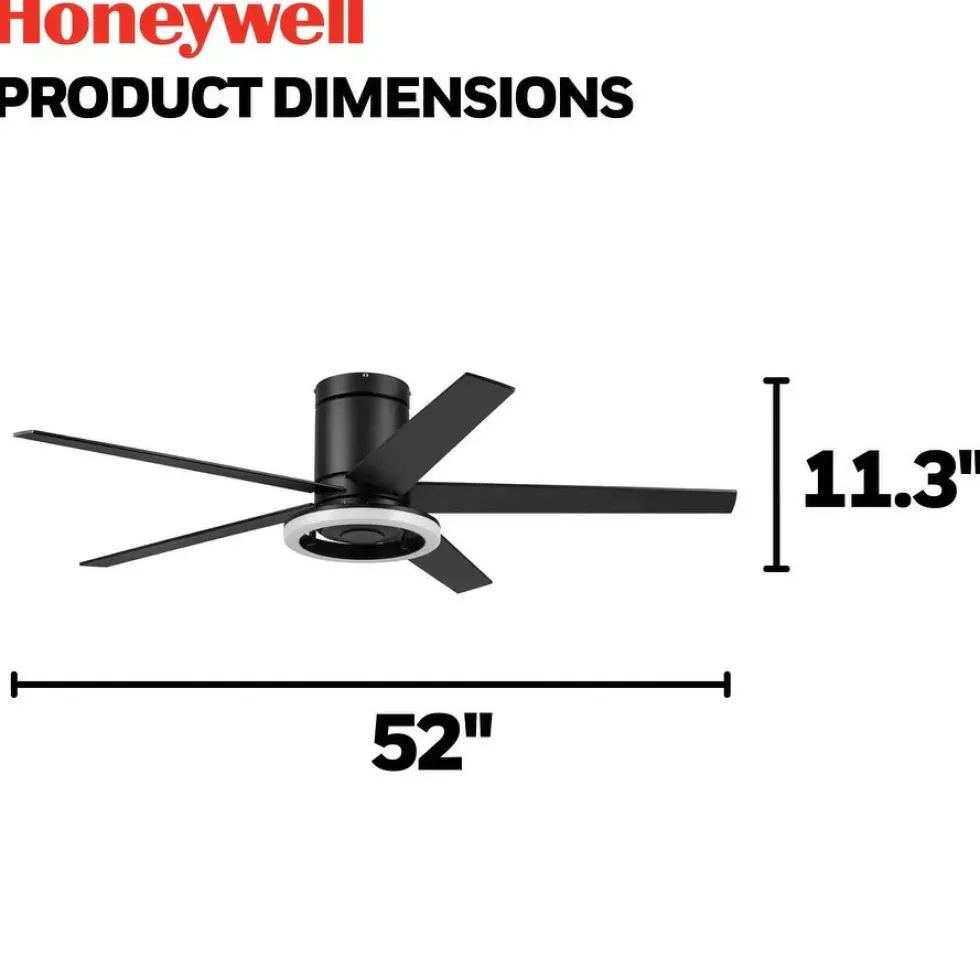 Honeywell Graceshire Contemporary Ceiling Fan with LED Ring Light, Dual Finish Blades and Reversible Motor - 52 Inch, Matte Black