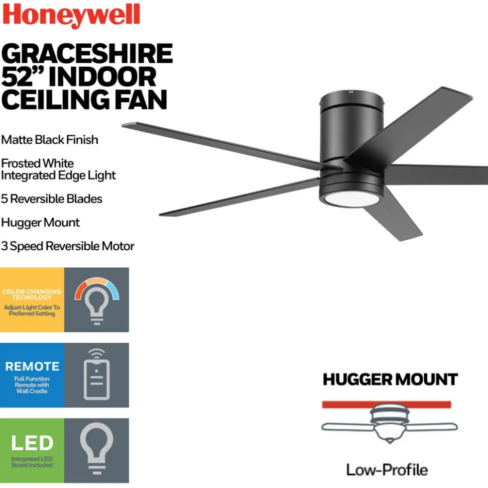 Honeywell Graceshire Indoor Flush Mount Ceiling Fan, Matte Black, 52 Inch - 51859