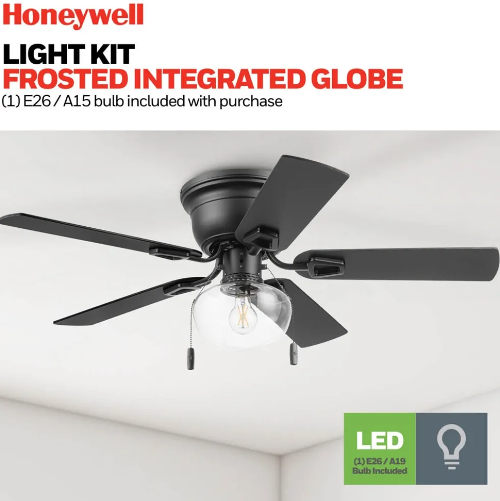 Honeywell Halle 42 Inch Indoor Matte Black Ceiling Fan with Light & Pull Chain - 53044