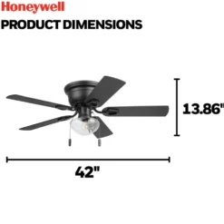 Honeywell Halle 42 Inch Indoor Matte Black Ceiling Fan with Light & Pull Chain - 53044