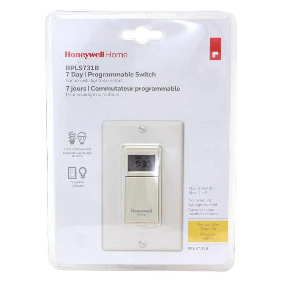 Honeywell Home 7-Day Programmable Light Switch Timer - RPLS731B, Almond