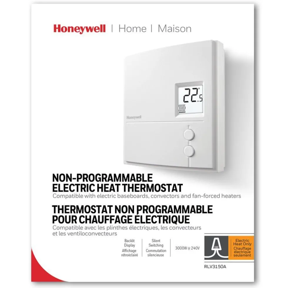 Honeywell Home RLV3150A Digital Non-Programmable Line Volt Thermostat for Electric Baseboard Heaters